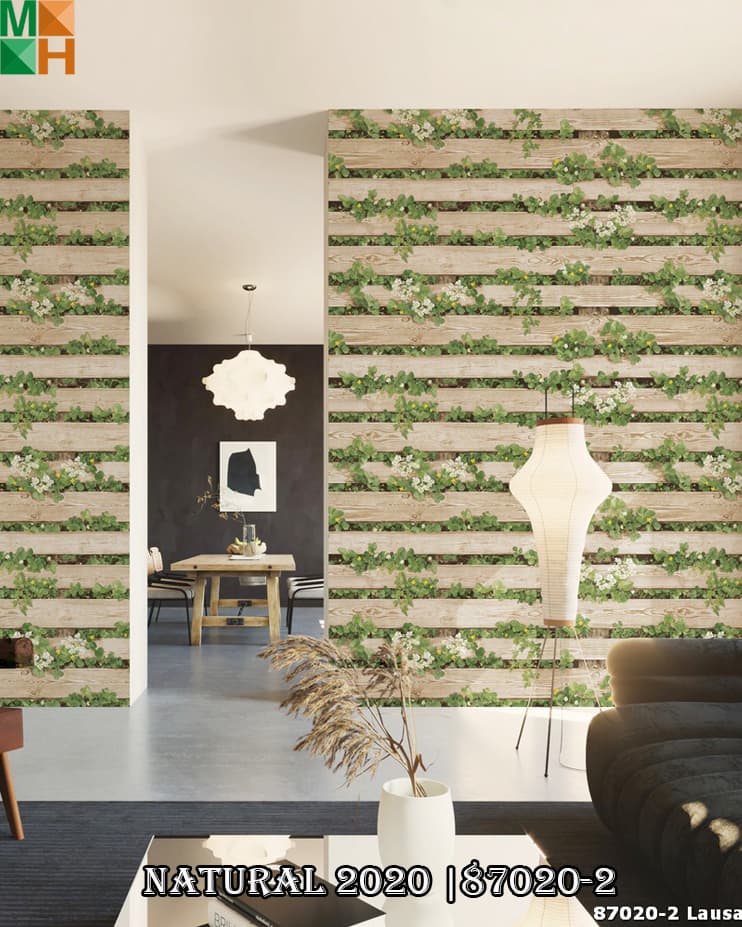  Giấy dán tường 3D cao cấp giả gỗ xen cây cỏ 87020 màu be đậm, nhạt.